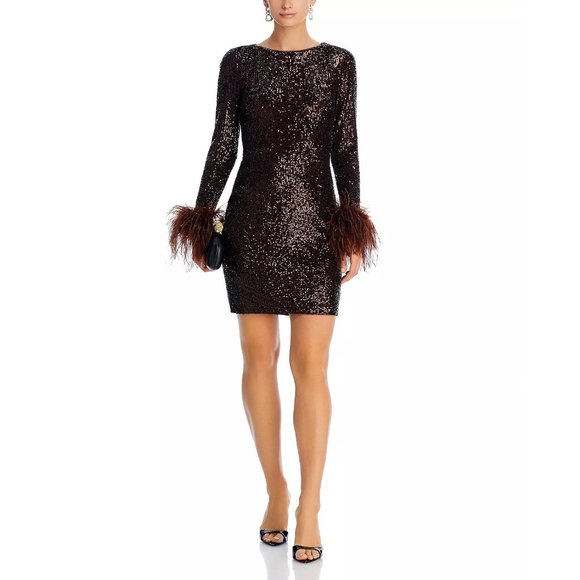 AQUA Feather Trim Short Sequin Dress - Chocolate Brown - Picture 2 of 5